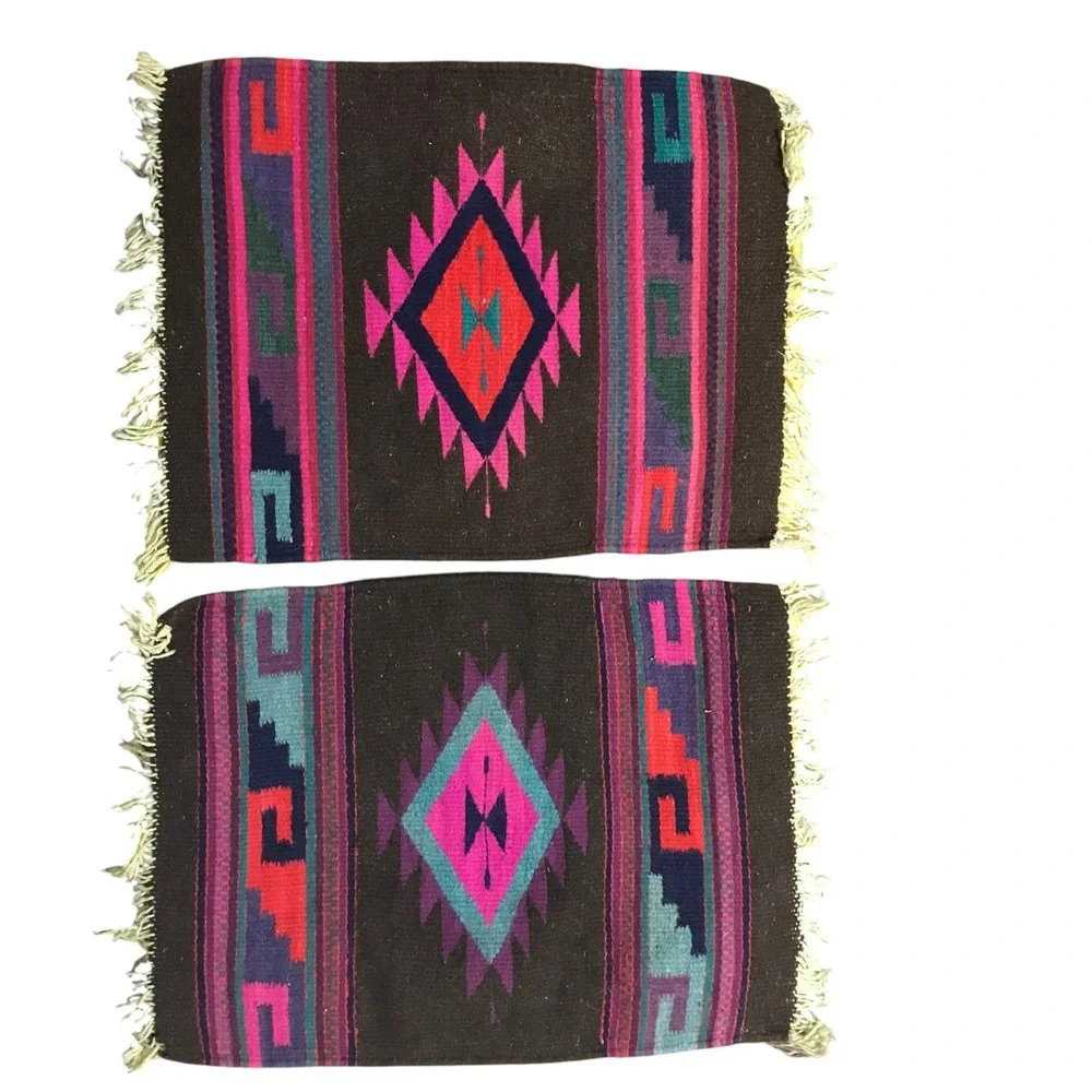 Vintage Southwestern Woven Wool Placemats Set of 2 Geometric Diamond Brown Pink